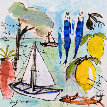 Painting Sardines au citron by Colombo Cécile | Painting Naive art Acrylic, Gluing, Ink, Pastel, Watercolor Landscapes, Nature