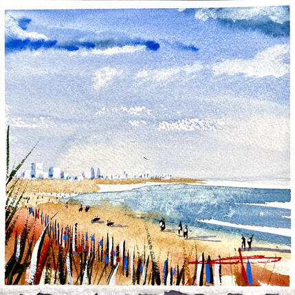Painting Vue sur la grande motte depuis Carnon by Bailly Kévin | Painting Figurative Ink, Watercolor Architecture, Urban