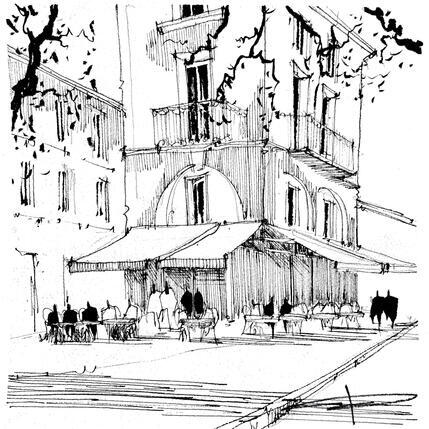 Gemälde Terrasse de café Montpellier  von Bailly Kévin  | Gemälde Figurativ Aquarell, Tinte Architektur, Pop-Ikonen, Urban