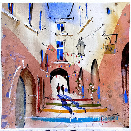 Gemälde La rue du bras de fer von Bailly Kévin | Gemälde Figurativ Aquarell, Tinte Architektur, Pop-Ikonen, Urban