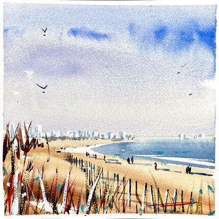 Painting Plage et l’horizon de la grande motte  by Bailly Kévin  | Painting Figurative Ink, Watercolor Architecture, Pop icons, Urban