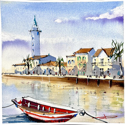 Painting Temps paisible au Grau du Roi by Bailly Kévin | Painting Figurative Ink, Watercolor Architecture, Urban