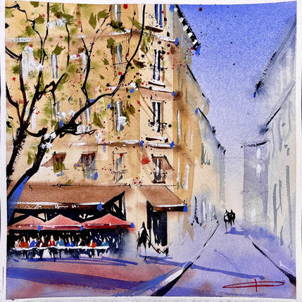 Gemälde Place de la canourgue Montpellier von Bailly Kévin | Gemälde Figurativ Aquarell, Tinte Architektur, Urban