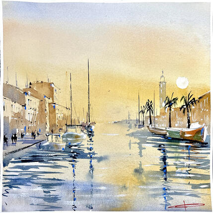 Painting Couchée de soleil sur la Méditerranée by Bailly Kévin | Painting Figurative Ink, Watercolor Architecture, Urban