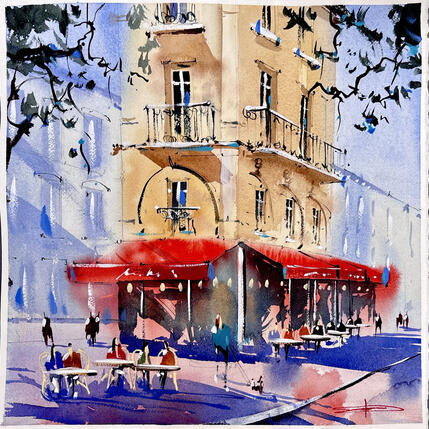 Painting Café de Montpellier  by Bailly Kévin  | Painting Figurative Ink, Watercolor Architecture, Urban