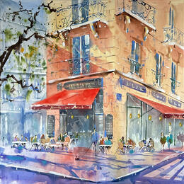 Painting Café de Montpellier  by Bailly Kévin  | Painting Figurative Ink, Watercolor Architecture, Urban