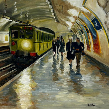 Peinture Dernier Metro par Piffard Cédric | Tableau Figuratif Huile Architecture, Scènes de vie, Urbain