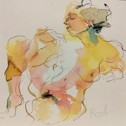 Peinture Charlotte assise, rose et jaune par Brunel Sébastien | Tableau