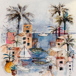 Gemälde Un été en mer von Colombo Cécile | Gemälde Naive Kunst Acryl, Aquarell, Collage, Pastell, Tinte Landschaften, Natur