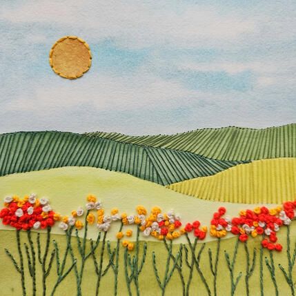 Painting Field in bloom by Vazquez Laila | Painting Figurative Paper, Watercolor Landscapes, Pop icons