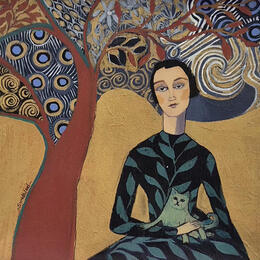 Peinture La Dame au Chat Vert par Sundblad Silvina | Tableau Figuratif Acrylique, Pastel