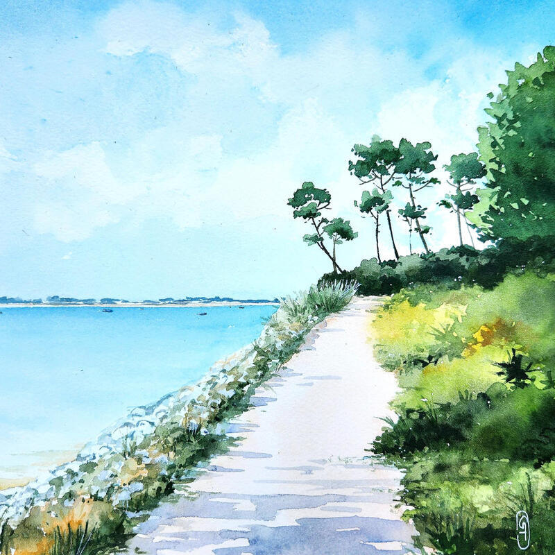 Painting Promenade côtière by Baudry Claire | Painting Figurative Landscapes Marine Watercolor
