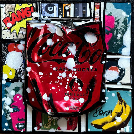 Gemälde POP COKE von Costa Sophie | Gemälde Pop-Art Acryl, Collage, Upcycling Pop-Ikonen