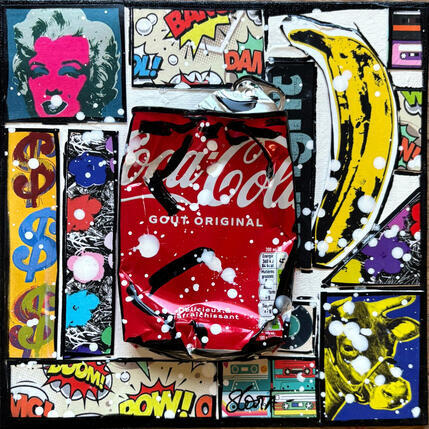 Gemälde Pop COKE (banana) von Costa Sophie | Gemälde Pop-Art Acryl, Collage, Upcycling Pop-Ikonen