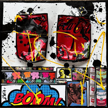 Gemälde POP COKE (Boom) von Costa Sophie | Gemälde Pop-Art Acryl, Collage, Upcycling Pop-Ikonen
