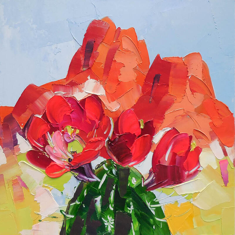 Painting Red cactus blooms by Lunetskaya Elena | Painting Figurative Oil
