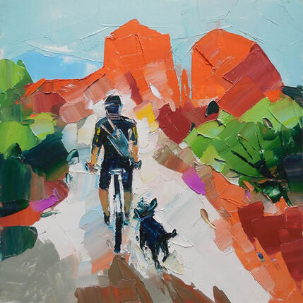 Painting Cyclist and his dog by Lunetskaya Elena | Painting Figurative Oil