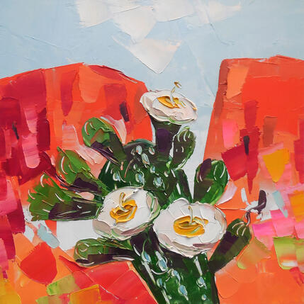 Painting Saguaro Flowers by Lunetskaya Elena | Painting Figurative Cardboard, Oil Landscapes, Minimalist, Nature