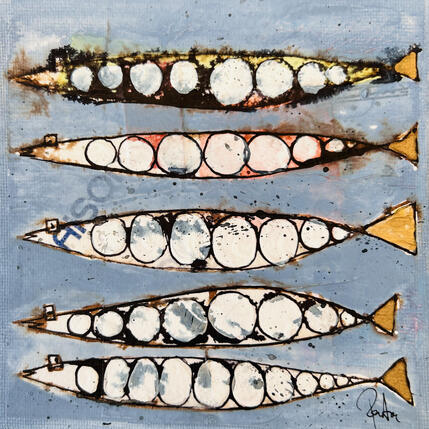 Peinture Sardines, Bleues par Colombo Cécile | Tableau Art naïf Acrylique, Aquarelle, Collage, Encre, Pastel Animaux, Nature