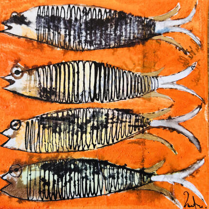Peinture Sardinade par Colombo Cécile | Tableau Art naïf Acrylique, Aquarelle, Collage, Encre, Pastel Animaux
