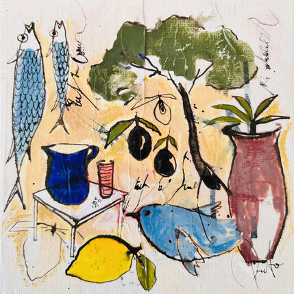 Peinture Provençal par Colombo Cécile | Tableau Art naïf Acrylique, Aquarelle, Collage, Encre, Pastel Nature, Natures mortes, Paysages