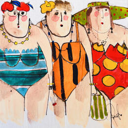 Painting Le trio by Colombo Cécile | Painting Naive art Acrylic, Gluing, Ink, Pastel, Watercolor Portrait