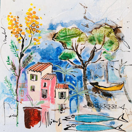 Peinture Barque et mimosas par Colombo Cécile | Tableau Art naïf Acrylique, Aquarelle, Collage, Encre, Pastel Nature, Paysages