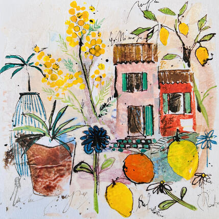 Peinture Des brins de mimosa par Colombo Cécile | Tableau Art naïf Acrylique, Aquarelle, Collage, Encre, Pastel Nature, Paysages