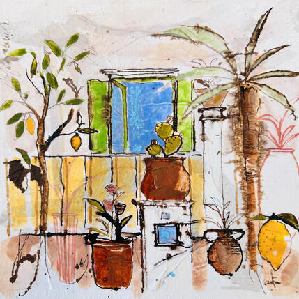 Peinture Jardin intérieur par Colombo Cécile | Tableau Art naïf Acrylique, Aquarelle, Collage, Encre, Pastel Nature, Paysages
