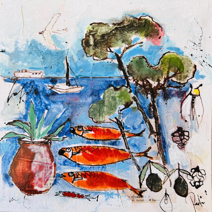 Peinture Les trois rougets par Colombo Cécile | Tableau Art naïf Acrylique, Aquarelle, Collage, Encre, Pastel Nature, Paysages