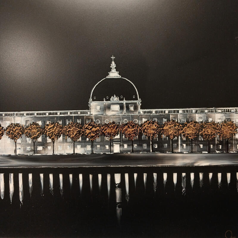 Peinture Nocturne sur Hôtel-Dieu par Rey Julien | Tableau Figuratif Feuille d'or