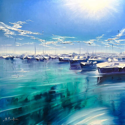Peinture Sunlit Harbour par Bozhena Fuchs | Tableau Impressionnisme Acrylique Paysages