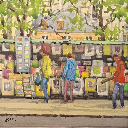 Painting Bouquinistes du quai de la Tournelle by Decoudun Jean charles | Painting Figurative Watercolor Urban