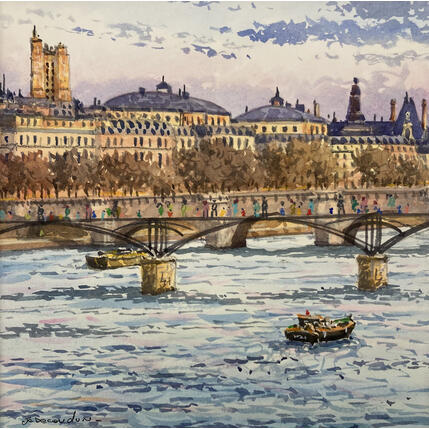 Gemälde La Seine et la Passerelle des Arts von Decoudun Jean charles | Gemälde Figurativ Aquarell Urban