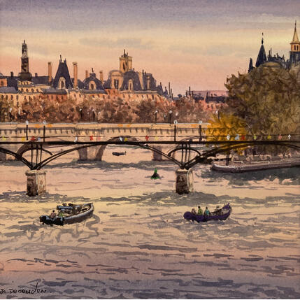 Gemälde Paris la Seine von Decoudun Jean charles | Gemälde Figurativ Aquarell Urban