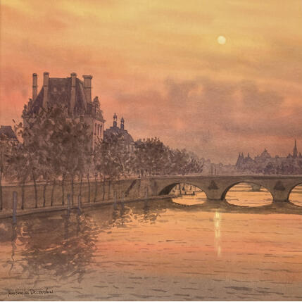Gemälde Lever de soleil sur le Pont Royal de Paris von Decoudun Jean charles | Gemälde Figurativ Aquarell Urban