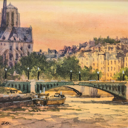 Painting Paris, Le Pont de Sully et Notre Dame. by Decoudun Jean charles | Painting Figurative Watercolor Urban