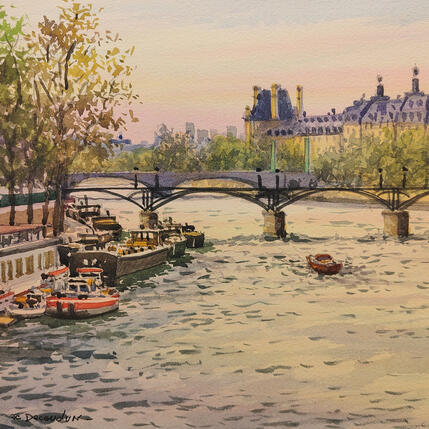 Painting Paris, Coucher de soleil sur la Seine et le Louvre by Decoudun Jean charles | Painting Figurative Watercolor Urban