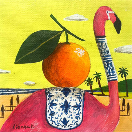Painting Flamant rose à l'orange by Lionnet Pascal | Painting Surrealism Acrylic Animals, Life style, Marine