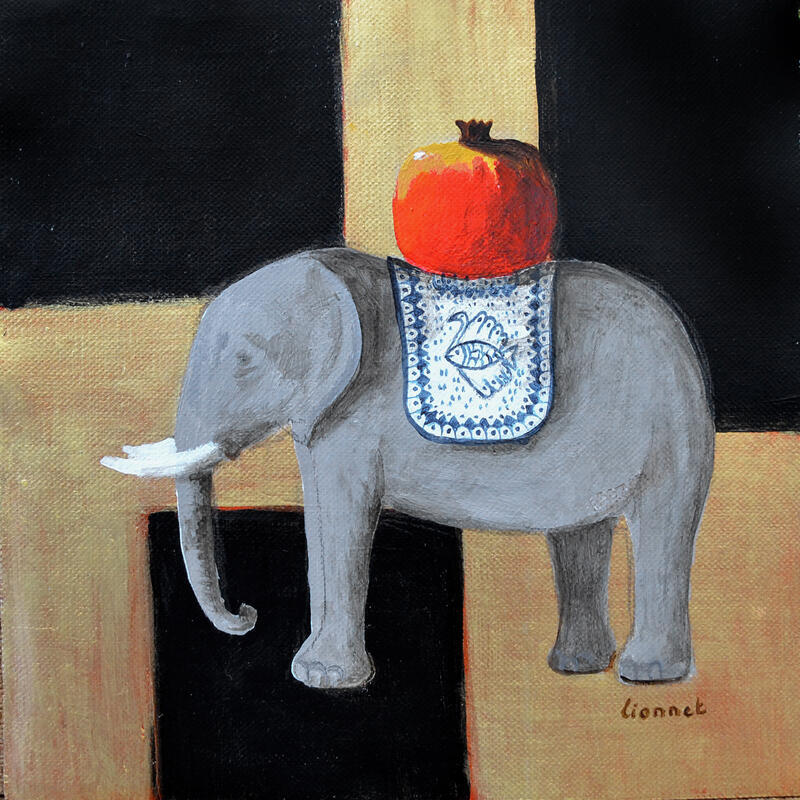 Pintura Éléphant à la grenade por Lionnet Pascal | Pintura Surrealismo Life style Animales Minimalista Acrílico