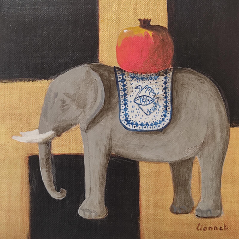 Painting Elephant à la Grenade (Or) by Lionnet Pascal | Painting Surrealism Life style Still-life Minimalist Acrylic