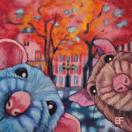 Painting Les commères de la place by Emma Fischer | Painting Figurative Acrylic Animals, Nature, Urban