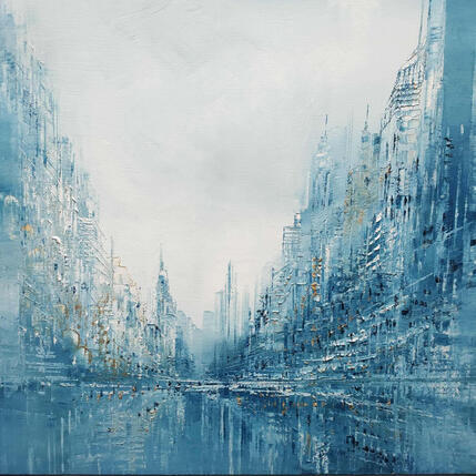 Peinture Lumière bleue et reflets dorés par Levesque Emmanuelle | Tableau