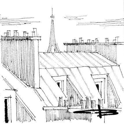 Gemälde Les toits de paris en noir et blanc von Bailly Kévin  | Gemälde Figurativ Aquarell, Tinte Architektur, Urban