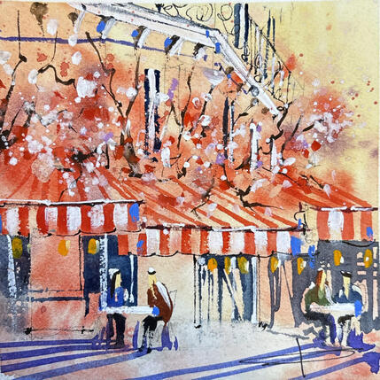 Gemälde Café fleuri de Paris von Bailly Kévin  | Gemälde Figurativ Aquarell, Tinte Architektur, Urban