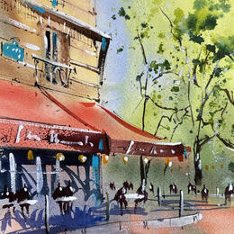 Painting Terrasse de café au pringtemps by Bailly Kévin  | Painting Figurative Ink, Watercolor Architecture, Pop icons, Urban