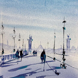 Painting Sur les ponts de Paris by Bailly Kévin  | Painting Figurative Ink, Watercolor Architecture, Pop icons, Urban