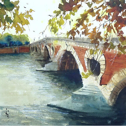 Painting Tot avant le réveil de la ville by Abbatucci Violaine | Painting Figurative Watercolor