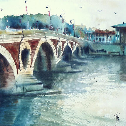 Painting Le pont by Abbatucci Violaine | Painting Figurative Watercolor
