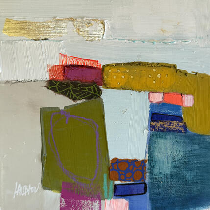 Pintura Au pays du haricot magique por Lau Blou | Pintura Abstracto Acrílico, Cartón, Collage, Hoja de oro, Pastel Paisajes